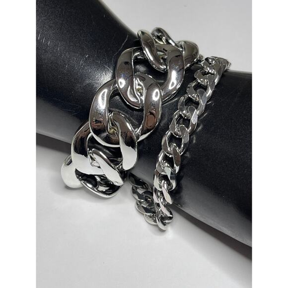 NEW Bracelet 3 Chunky Silver Tone Set Layering Bracelets Jewelry Trend J08 - Picture 2 of 4